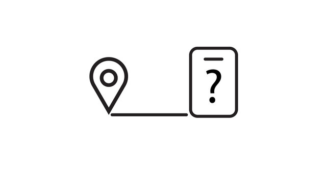 Map pin icon linked by horizontal line to vertical box featuring question mark symbol