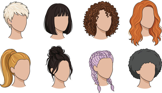 Women hairstyle vector set with diverse female haircuts extensions colors curly afro braids ponytail and bob styles,