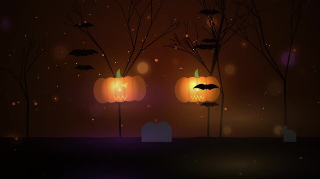 Spooky Halloween animation with glowing pumpkins. Flying bats in a dark graveyard forest. Eerie holiday background for seasonal video projects.