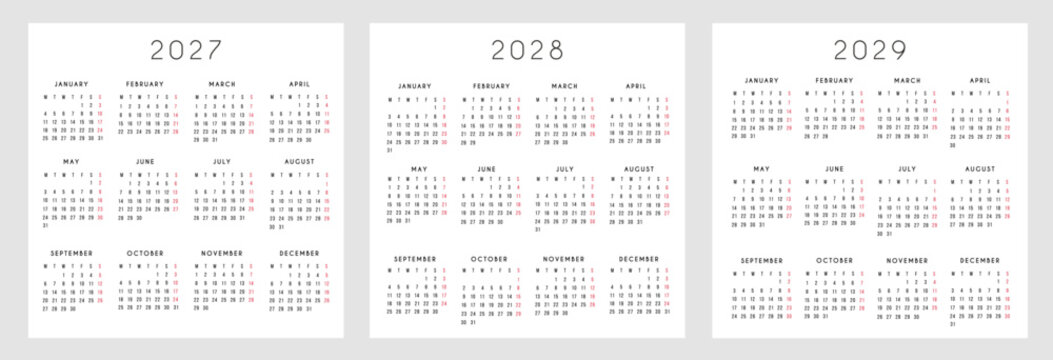 2027 2028 2029 calendar template set square layout. Minimalist 3 year annual calendar planner layout with 12 months overview for home and office planning.