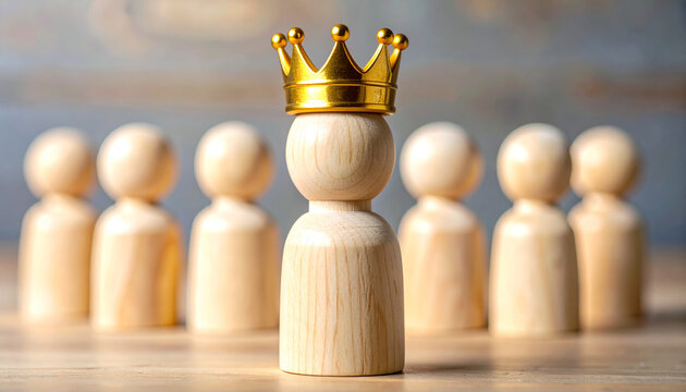 Wooden human figure wearing golden crown standing confidently before identical wooden figures, blurred background. Leadership and authority concept. Close-up.