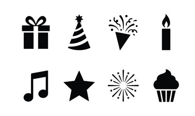 Naklejka premium Birthday Party Icon Vector Set Black Silhouette Gift Hat Confetti Cupcake Collection