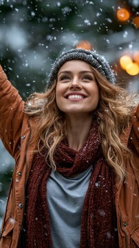 A smiling woman in winter clothing looks up at falling snow with a blurred background featuring warm lights.