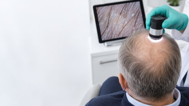 Close-up scalp examination for hair loss diagnosis using digital imaging and handheld magnifier device in clinic