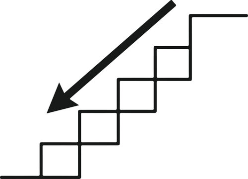 Black outline stairs with downward arrow representing decline and reduction concepts for business and financial presentations.