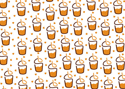 Seamless Pattern of Illustrated Bubble Tea Cups with Straws and Tiny Hearts