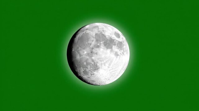 Animated moon phases morphing to glowing full moon on green screen