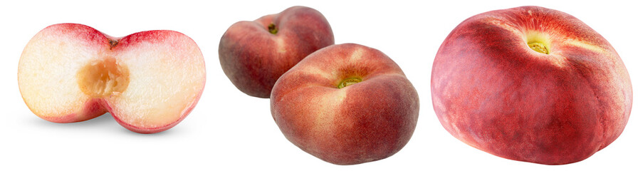 Three Saturn peaches, one cut in half, isolated on transparent background © Vu