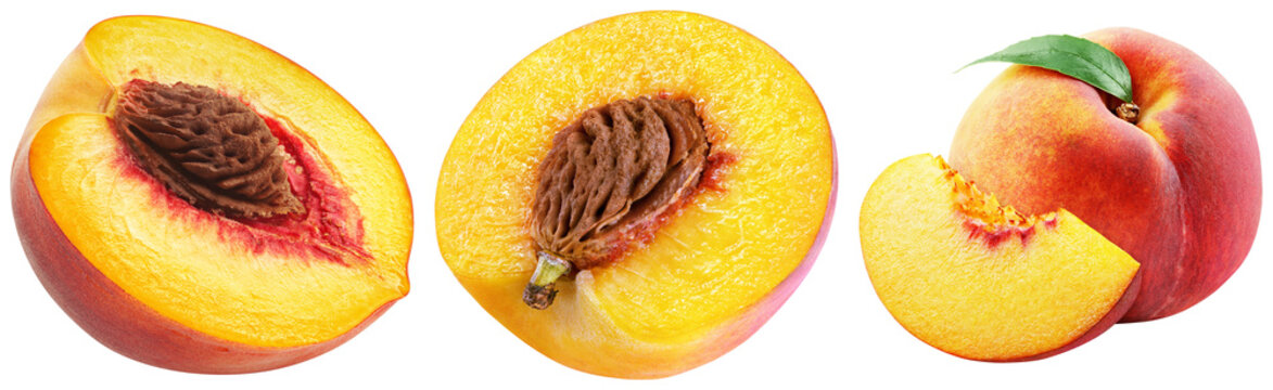 Whole peach with a leaf, a slice of peach, and a halved peach showing the pit, isolated on transparent background