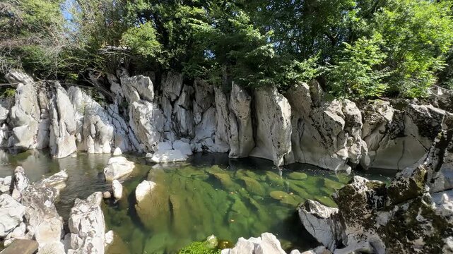 Clear green water flows between white rocks, revealing the rocky bottom, while leaves slowly fall from the trees and drift on the water to the soft rustling of foliage.