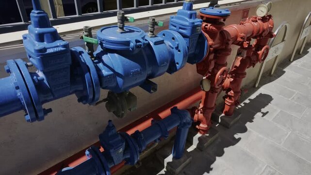 Fire protection water piping with large blue valves, red fittings and a pressure gauge installed along an outdoor concrete wall