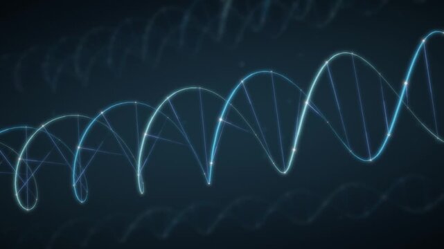 Rotating DNA Double Helix with Glowing Strands and Base Pairs seamless loop in bright cyan tones