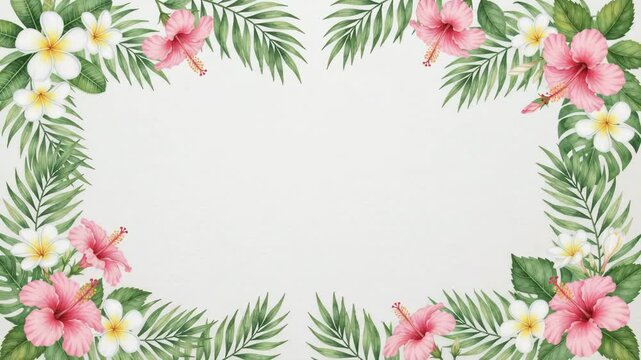 Tropical watercolor floral frame with hibiscus, plumeria, and palm leaves on a white background, perfect for summer designs.