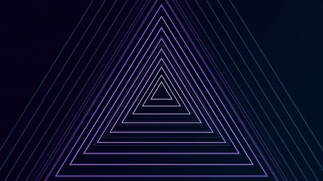 Neon triangle tunnel cycling through purple and cyan, dark navy