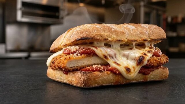 A steaming hot chicken parmesan sandwich with melted mozzarella cheese, marinara sauce, and crusty bread