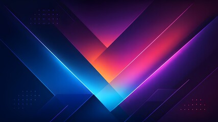 Obraz premium Abstract futuristic geometric background featuring layered diagonal shapes, vibrant neon blue, purple, pink, and orange gradient lighting, glowing lines, and modern digital design elements. Elegant an