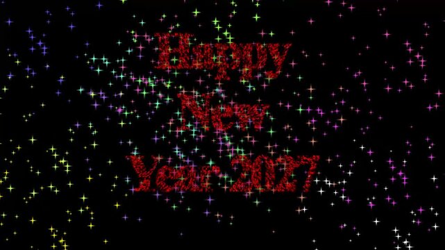 Happy new year 2027 celebration with fireworks and glowing particles .Happy new year 2027 text animation with glittering magical particles along with snowy, twirly particles and fireworks background. 