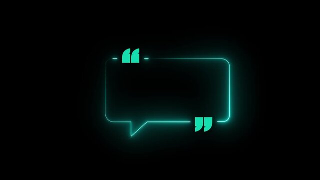 Neon red Quote frame icon animation on black background. neon quote mark. Neon Quote box frame. Neon glowing quotation mark speech bubble frame with copy space on dark textured background. 4k video