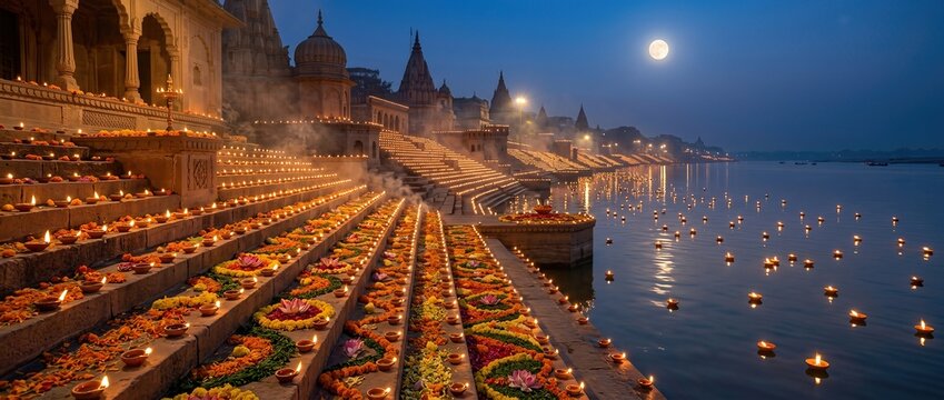 Dev Deepawali festival celebration with glowing oil lamps on river steps at night