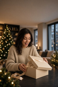 donna stupita dal bel regalo di natale 