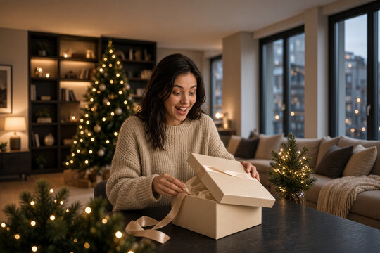 ragazza sorpresa che apre regalo di natale 
