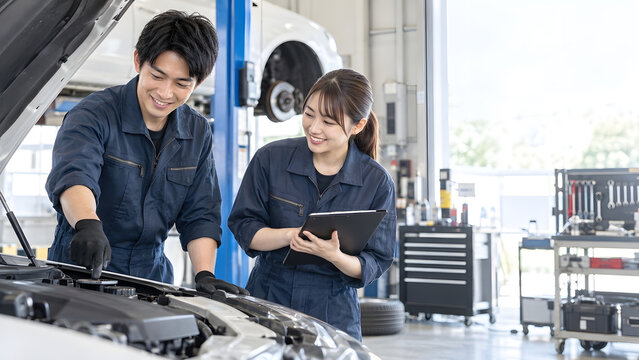 自動車整備工場でエンジンを点検する男女の整備士