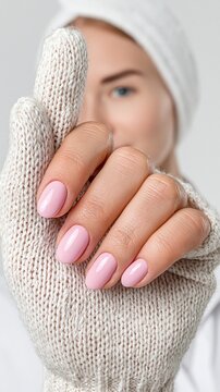 A close-up of a hand with pink manicured nails wearing a white knitted winter glove with fingertips exposed against a blurred.