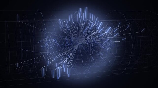 Particle Collider Detector Event with Helical Curved Particle Tracks Seamless Loop in vibrant indigo tones