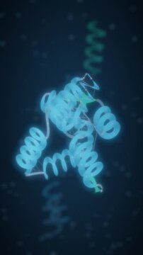 Protein folding ribbon backbone chain twisting into a compact 3D structure seamless loop in bright cyan tones vertical 9:16