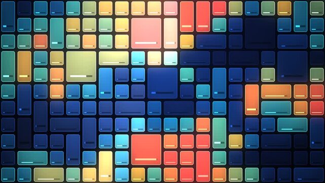 Risk heatmap dashboard grid of data tiles updating from cool blue to hot red, seamless loop in soft navy tones