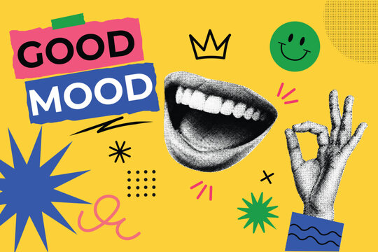 Laughing Mouth and Hand Showing Okay Gesture with Good Mood Typography and Smiley Face. Halftone Pop Art Collage for Positive Vibes Concept on Yellow Background
