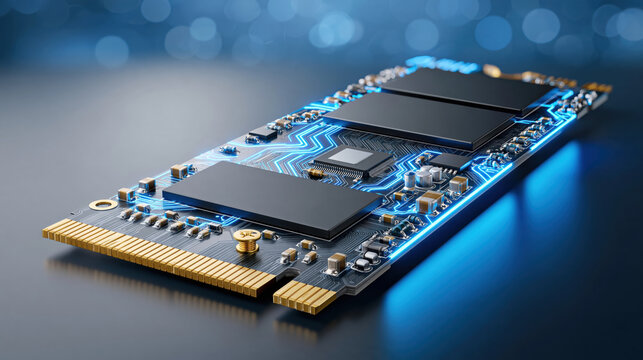 Cinematic close up of solid state drive circuit board with glowing blue traces and memory chips, sleek electronics and futuristic tech aesthetic
