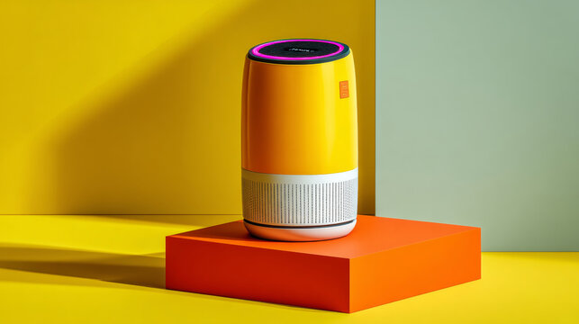 A smart speaker with a yellow and white body, pink accents on the top and bottom, and an orange base is displayed against a vibrant background