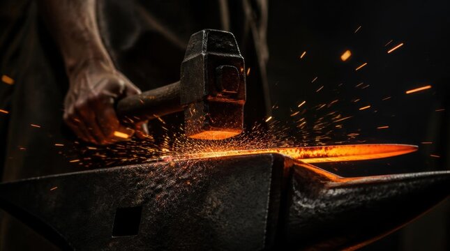 Close-up of a blacksmith's hands using a hammer to shape glowing hot metal on an anvil, with many sparks flying.