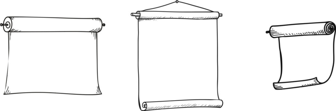 A black-and-white hand-drawn doodle vector illustration of a single hanging scroll banner unrolling downwards against a pure white background