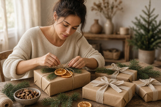 donna che prepara pacco di natale home made 