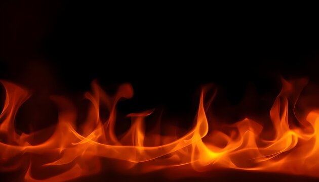 Abstract fiery orange burning fire flames bottom border blazing inferno heat wave red smoke copy space dark black background banner overlay design generative ai