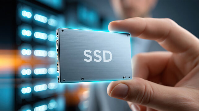 High performance solid state drive held between fingers with glowing server rack background, modern technology and data storage concept