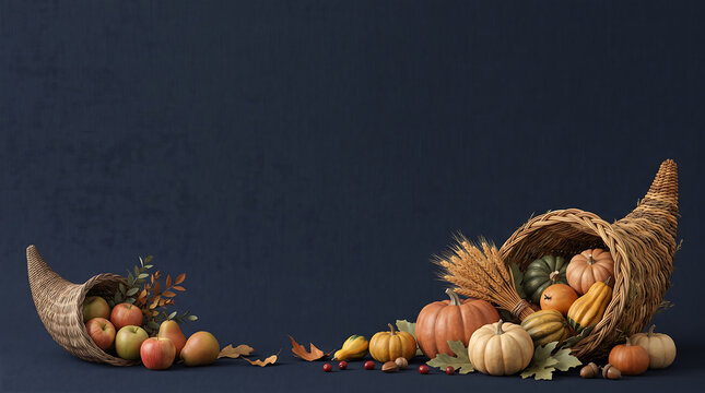 Two autumn cornucopia baskets on dark blue background