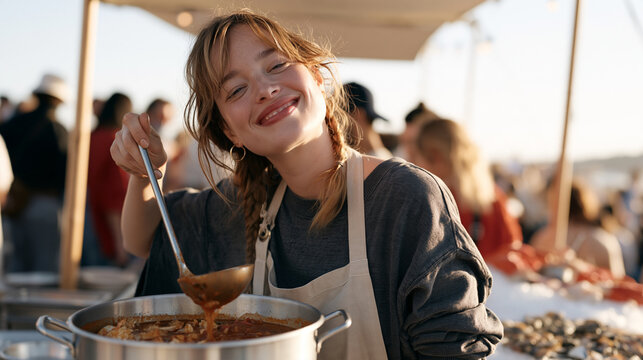 A woman with long braids ladles a rich crab and tomato seafood bisque at a coastal seafood festival on national seafood bisque day, outdoor cooking demonstration, tasting crowd