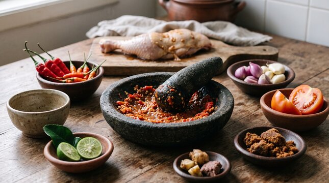 Fresh chili, garlic, shallot, tomato, kencur, and spice paste for Ayam Taliwang, suitable for recipe publishing, cookbooks, culinary education, food blogs, and ingredient content.
