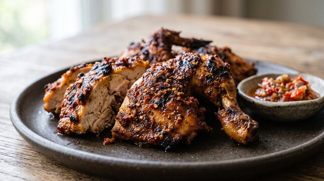 Close-up Ayam Taliwang showing charred chicken skin and rich chili spice texture, ideal for restaurant menus, food advertising, culinary editorial, and Lombok tourism campaigns.