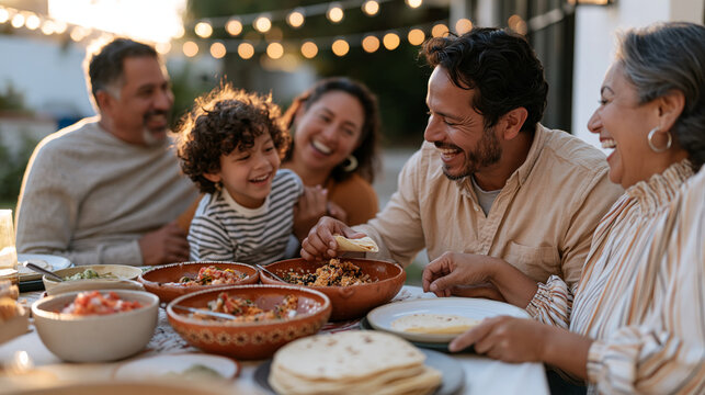 A family of four gathered around a backyard taco bar on a warm autumn evening with terracotta bowls of fillings, warm tortillas, and festive lights, taco night celebration,