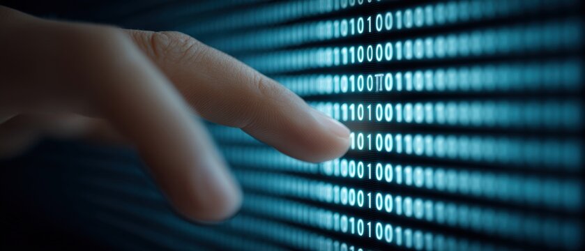 A close up view of a human finger making contact with a digital screen that showcases binary code symbolizing the advancements in technology data processing and innovation in today's digital age
