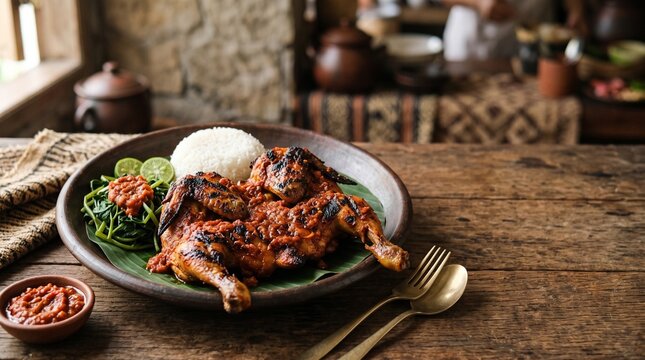 Authentic Ayam Taliwang Lombok with spicy grilled chicken, rice, and fresh vegetables, designed for restaurant menus, food advertising, hospitality campaigns, and culinary tourism.