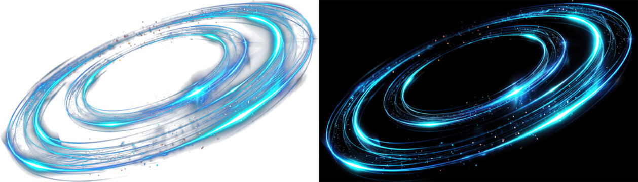 Blue energy trails swirling in a vortex against a dark background with glowing particles Isolated on transparent background