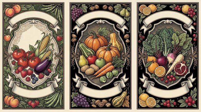 Engraved illustration of various vegetables and fruits displayed in detailed vintage style