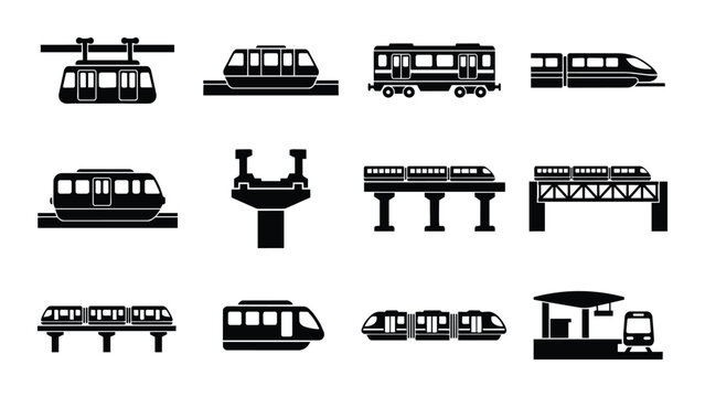 12 Transportation linear icon set monorail train cable car subway, UI and web interface design