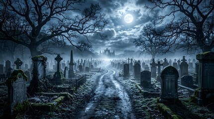 Obraz premium Mysterious moonlit cemetery with fog and ancient tombstones