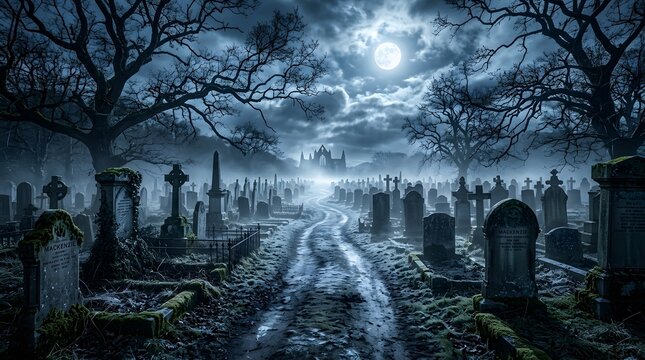Mysterious moonlit cemetery with fog and ancient tombstones